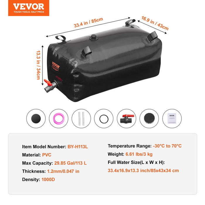 VEVOR Portable Water Storage Bladder 29.9 Gal PVC Collapsible Water Tank Black