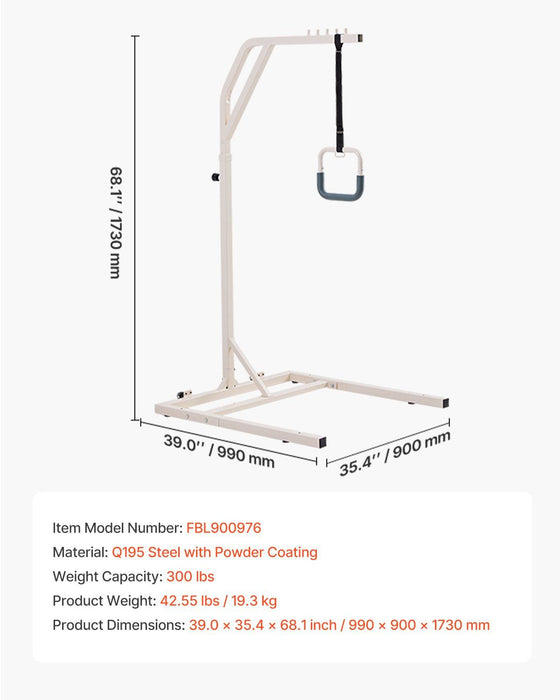 Trapeze Bar for Bed Mobility, Height-Adjustable Free Standing Trapeze Bar with 2 Wheels, 300LBS Capacity Bed Pull Up Assist for Elderly Disabled, Ideal for Hospital, Nursing Home & Home Care
