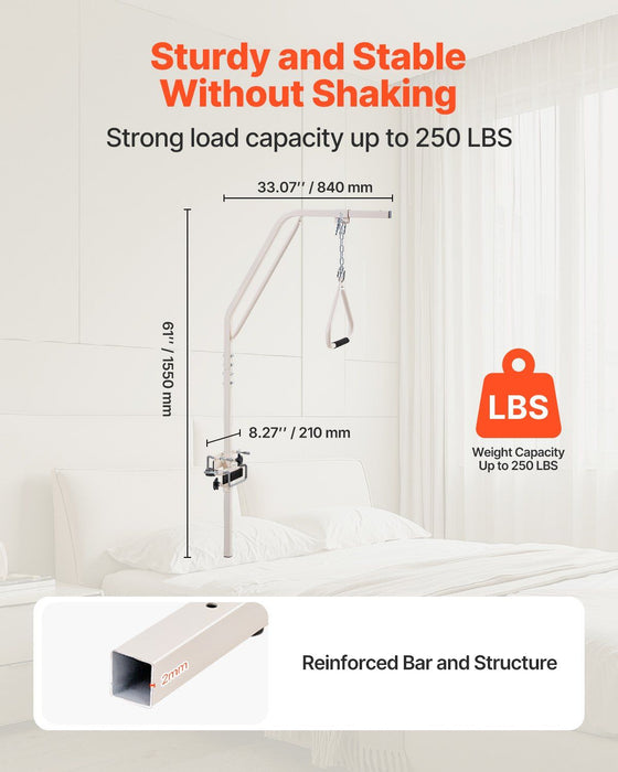 Trapeze Bar for Bed Mobility, Medical Bed Trapeze with Clamps & Metal Chain, 250LBS Weight Capacity Pull Up Assist Bar for Elderly & Disabled, Ideal for Home Care, Hospitals, Nursing Homes