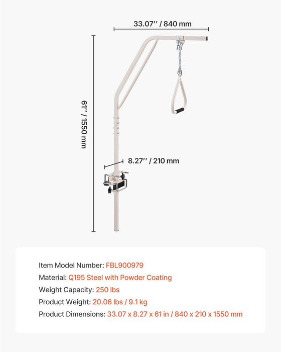 Trapeze Bar for Bed Mobility, Medical Bed Trapeze with Clamps & Metal Chain, 250LBS Weight Capacity Pull Up Assist Bar for Elderly & Disabled, Ideal for Home Care, Hospitals, Nursing Homes