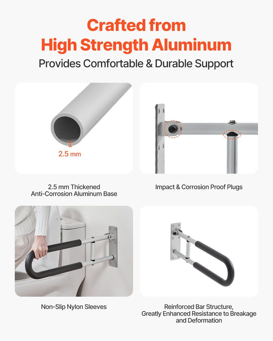 Toilet Safety Rail, 60.5 cm U-Shaped Handicap Grab Bar, Foldable Senior Safety Pole, Flip Up Toilet Grab Bars with Anti-Slip Support Handle, 136 kg Load Capacity for Elderly, Disabled, Pregnant
