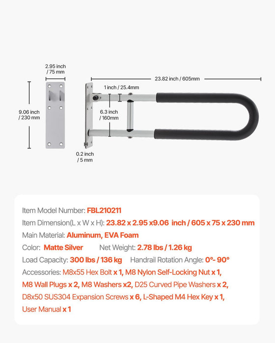 Toilet Safety Rail, 60.5 cm U-Shaped Handicap Grab Bar, Foldable Senior Safety Pole, Flip Up Toilet Grab Bars with Anti-Slip Support Handle, 136 kg Load Capacity for Elderly, Disabled, Pregnant