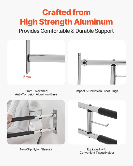 Toilet Safety Rail, 76.5 cm U-Shaped Handicap Grab Bar, Foldable Senior Safety Pole, Flip Up Toilet Grab Bars with Anti-Slip Handle, 136 kg Load Capacity Security Handrail with Paper Holder