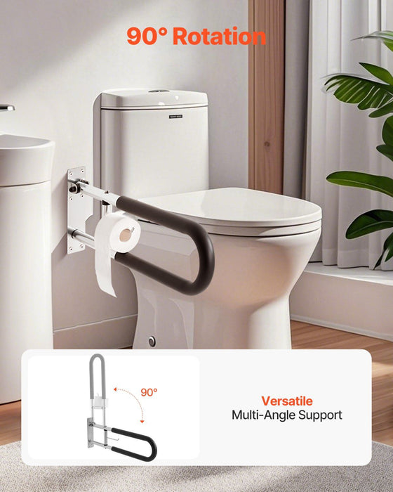 Toilet Safety Rail, 76.5 cm U-Shaped Handicap Grab Bar, Foldable Senior Safety Pole, Flip Up Toilet Grab Bars with Anti-Slip Handle, 136 kg Load Capacity Security Handrail with Paper Holder