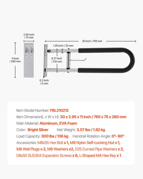 Toilet Safety Rail, 76.5 cm U-Shaped Handicap Grab Bar, Foldable Senior Safety Pole, Flip Up Toilet Grab Bars with Anti-Slip Handle, 136 kg Load Capacity Security Handrail with Paper Holder