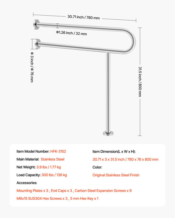 VEVOR Toilet Safety Rail, 80 cm U-Shaped Handicap Grab Bar, 304 Stainless Steel Senior Safety Pole, Toilet Grab Bars with Anti-Slip Handle, 136 kg Load Capacity Security Handrail with Support Leg