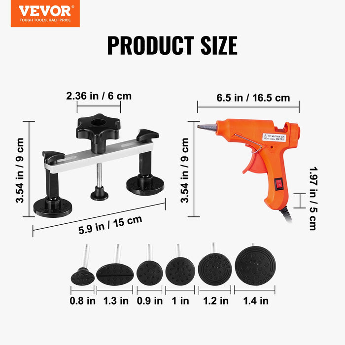 VEVOR 25 PCS Dent Removal Kit, Auto Body Paintless Dent Removal Tools Kit with Bridge Puller, Puller Tabs, Hot Melt Glue Gun, Glue Sticks, Dent Puller Kit for Auto Body Dents, and Other Metal Surface