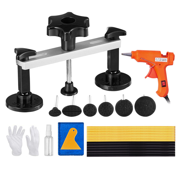 VEVOR 25 PCS Dent Removal Kit, Auto Body Paintless Dent Removal Tools Kit with Bridge Puller, Puller Tabs, Hot Melt Glue Gun, Glue Sticks, Dent Puller Kit for Auto Body Dents, and Other Metal Surface