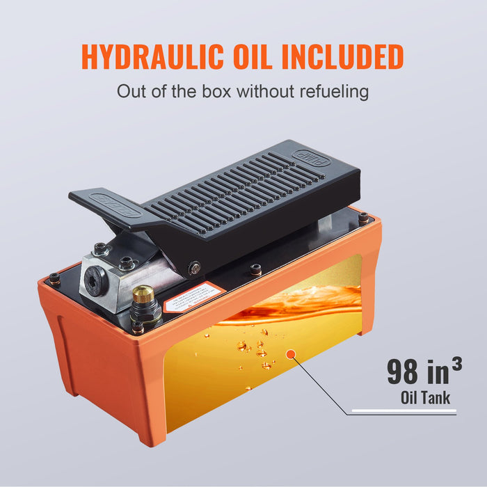 VEVOR Air Hydraulic Pump, 10,000 PSI 1/2 Gal Reservoir, NPT 3/8" Oil Outlet, NPT 1/4" Inlet, 6.6 ft Pipe, Foot Actuated Hydraulic Pump Air Treadle for Auto Body Frame Machines and Pulling Post, Orange