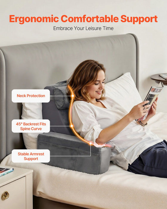Reading Pillow, Backrest Support Pillow with Arm and 3 Pockets, Large Size Bed Pillow with Removable Headrest & 25D Sponge, Handle for Easy Carrying, for Reading, Gaming, Resting, Working, Grey