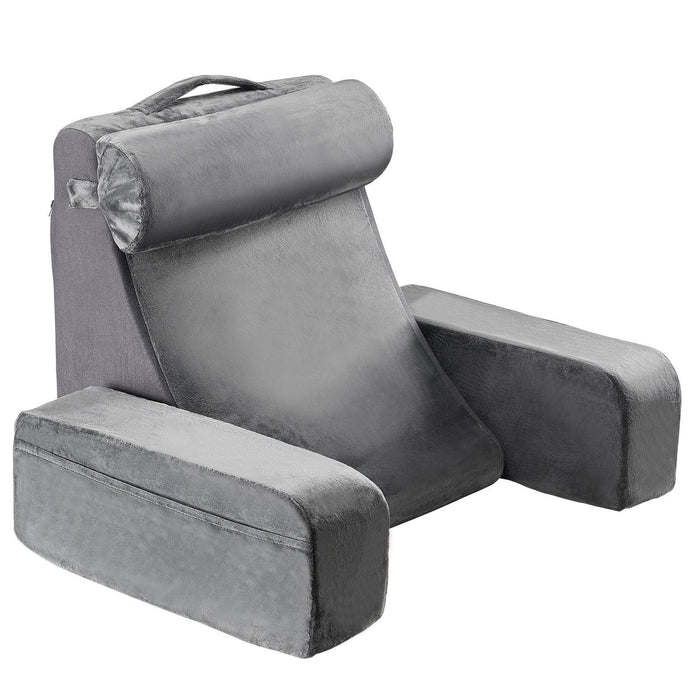 Reading Pillow, Backrest Support Pillow with Arm and 3 Pockets, Large Size Bed Pillow with Removable Headrest & 25D Sponge, Handle for Easy Carrying, for Reading, Gaming, Resting, Working, Grey