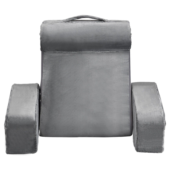 Reading Pillow, Backrest Support Pillow with Arm and 3 Pockets, Large Size Bed Pillow with Removable Headrest & 25D Sponge, Handle for Easy Carrying, for Reading, Gaming, Resting, Working, Grey
