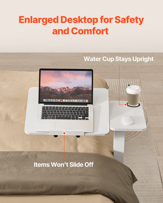 VEVOR Overbed Table, Mobile Bed Side Table with Flip Desktop and 4 Hidden Wheels, Height & Angle Adjustable Rolling Laptop Desk with Cup Holder, Portable Over Bed Desk for Home, Office, Study, White