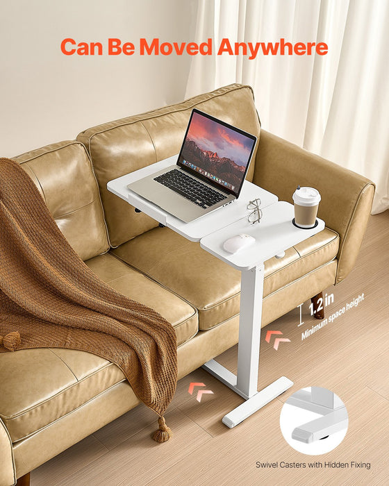 VEVOR Overbed Table, Mobile Bed Side Table with Flip Desktop and 4 Hidden Wheels, Height & Angle Adjustable Rolling Laptop Desk with Cup Holder, Portable Over Bed Desk for Home, Office, Study, White