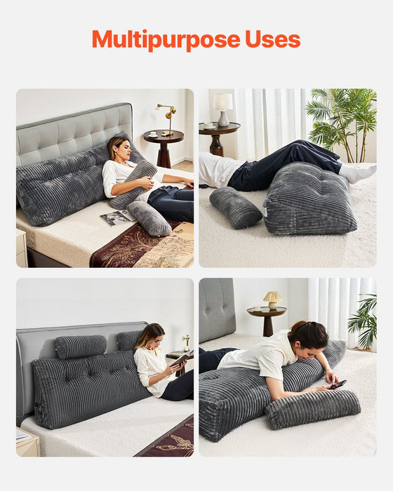 Headboard Pillow, King Size Wedge Headboard Pillow with 2 Side Pockets and 2 Headrests, Bed Wedge Pillow with Washable Flannel Cloth, for Reading, Gaming, Resting, Working in Bed, Grey
