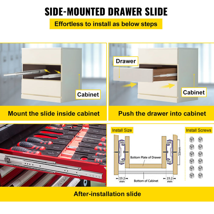 VEVOR Drawer Slides, 1 Pair 42 Inch Heavy Duty Drawer Slides, Ball Bearing Side Mount Drawer Hardware Slides, 500 LBS Load Capacity 3-Section Full Extension Drawer Slides for Smooth Slide, Less Noise