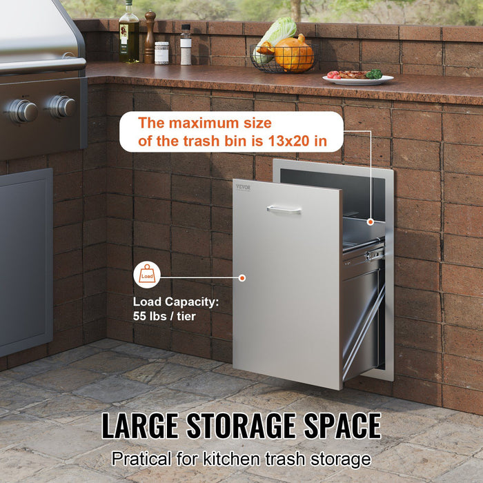 Pull Out Trash Drawer 50x58x57.4 cm Raised Style Trash Bin with Pull-Out Tray Stainless Steel Trash Drawer with Handle for Outdoor Kitchen BBQ Island, Trash Can Not Included