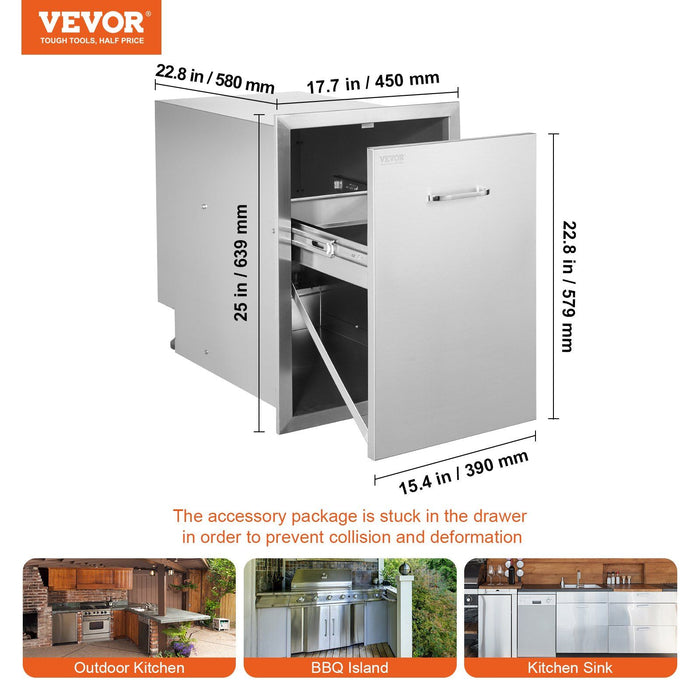 Pull Out Trash Drawer 50x58x57.4 cm Raised Style Trash Bin with Pull-Out Tray Stainless Steel Trash Drawer with Handle for Outdoor Kitchen BBQ Island, Trash Can Not Included