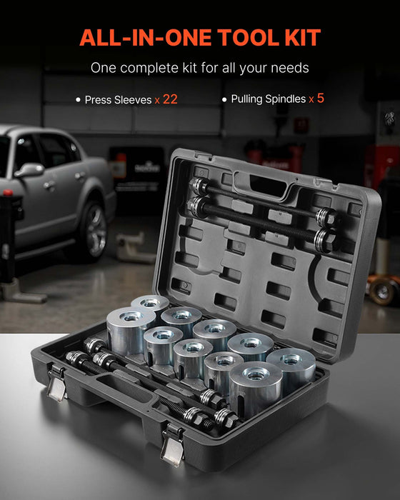 VEVOR Pull and Press Sleeve Kit, 27 PCS, Steel Bush Removal Insertion Sleeve Tools with Carrying Case, Compatible with LCV and HGV Engines, for Removing and Installing Bushings, Bearings, and Seals