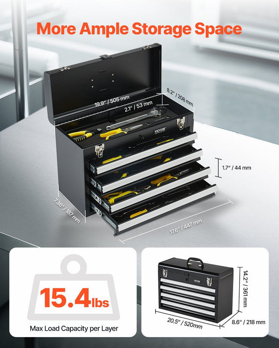 Metal Tool Box, 20.5-inch, Portable Metal Tool Box with 4 Drawers, Small Tool Chest with EVA Liners, Ball Bearing Slide Drawers Locking & Powder Coated Finish, Multi-Function Tool Organizer