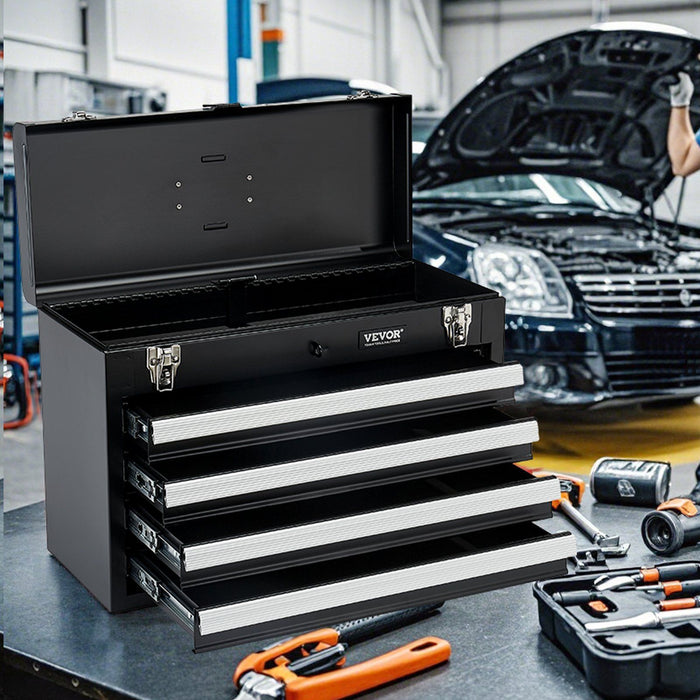 Metal Tool Box, 20.5-inch, Portable Metal Tool Box with 4 Drawers, Small Tool Chest with EVA Liners, Ball Bearing Slide Drawers Locking & Powder Coated Finish, Multi-Function Tool Organizer
