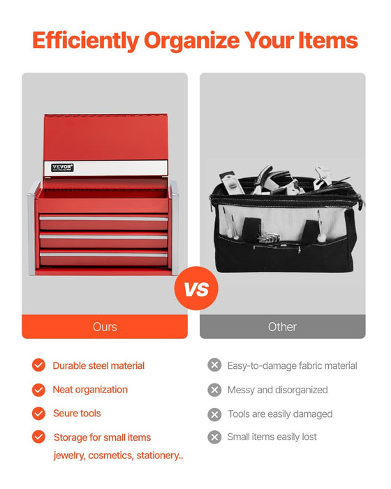 Metal Tool Box, 8.6-inch, Portable Metal Tool Box with 3 Drawers, Small Tool Chest with EVA Liners and PP Feet Pads, Heavy-Duty Steel With Ball Bearing Opening and Powder Coated Finish, Red