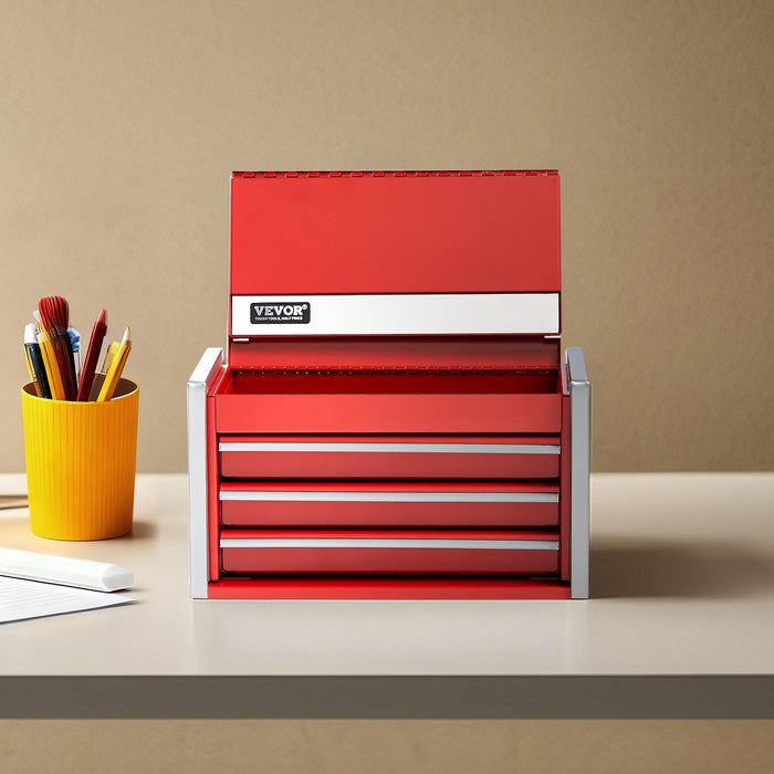 Metal Tool Box, 8.6-inch, Portable Metal Tool Box with 3 Drawers, Small Tool Chest with EVA Liners and PP Feet Pads, Heavy-Duty Steel With Ball Bearing Opening and Powder Coated Finish, Red