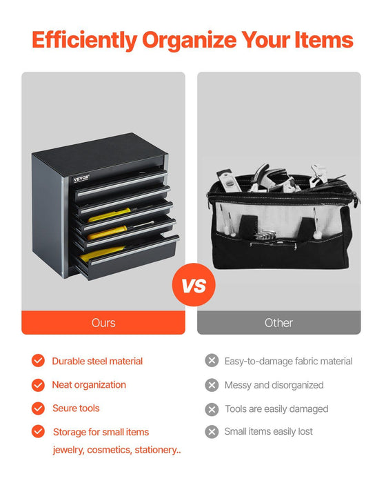 Metal Tool Box, 8.6-inch, Portable Metal Tool Box with 5 Drawers, Small Tool Chest with EVA Liners and PP Feet Pads, Heavy-Duty Steel With Ball Bearing Opening and Powder Coated Finish, Black