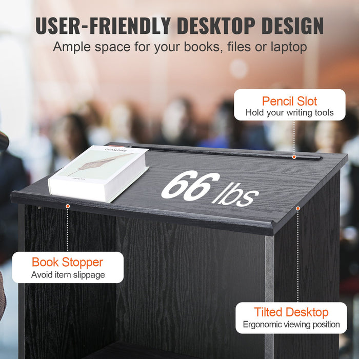 VEVOR Podium Stand, 47 in Hostess Stand with 4 Rolling Wheels, Wood Podium with Storage Shelves, and Slant Desktop, Lecterns & Podiums for Church, Office, School, Home, Black