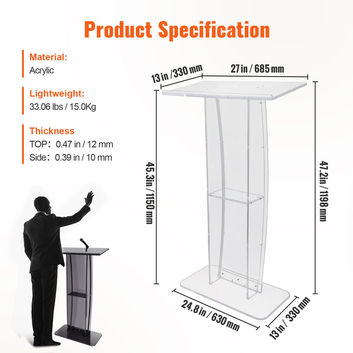 VEVOR Acrylic Podium, 47" Tall, Clear Acrylic Podium Stand with Wide Reading Surface & Storage Shelf, Floor-standing Clear Pulpits Acrylic for Church Office School