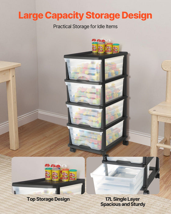 Plastic Storage Drawers Cart, 4 Drawers Storage Organizer with Wheels, Rolling Closet Organization and Storage Dividers, Dresser Organizer Clear Bins for Office Supplies, Craft Rooms, Classrooms