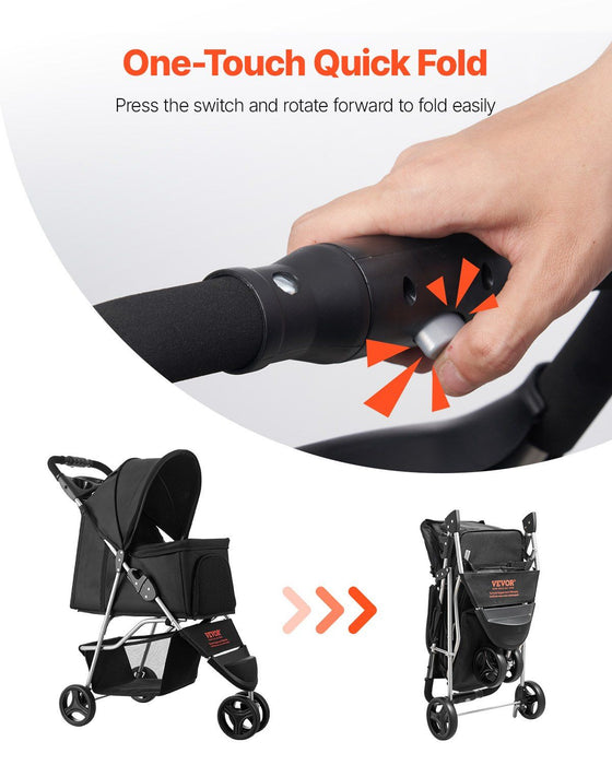 Pet Stroller, 16KG Weight Capacity, Foldable Dog Stroller Cart, 3 Wheels Cats Strollers with Mesh Windows and Cup Holders, Portable Pet Carrier Strollers with Brake, for Small to Medium Pets