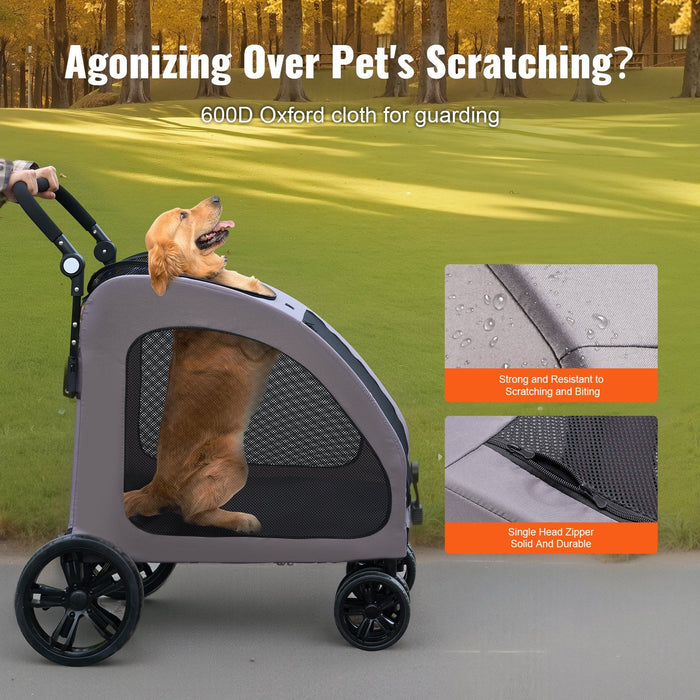 Pet Stroller, 4 Wheels Dog Stroller with Brakes, 160lbs Weight Capacity, Portable Puppy Stroller Carrier with Breathable Mesh Windows & Height-Adjustable Height, Animal Stroller for Cats & Dogs
