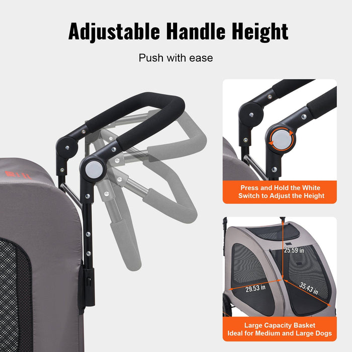 Pet Stroller, 4 Wheels Dog Stroller with Brakes, 160lbs Weight Capacity, Portable Puppy Stroller Carrier with Breathable Mesh Windows & Height-Adjustable Height, Animal Stroller for Cats & Dogs