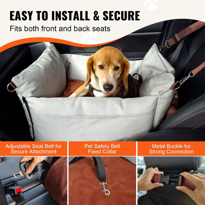 Dog Car Seat, Waterproof Dog Booster Seat for Car with Side Handles and A Storage Pocket, Clip-On Safety Leash and PP Cotton Filling, Dog Car Bed for Small Dog up to 11.3 kg, Gray