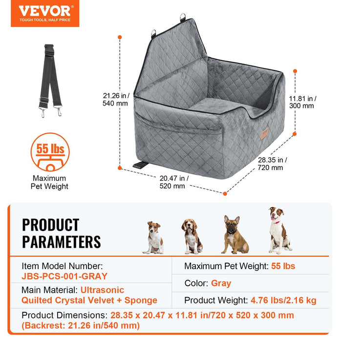 Dog Car Seat, Dog Booster Seat for Car with A Storage Pocket, Pet Car Seat with Clip-On Safety Leash, Sponge Filling, Dog Car Bed for Medium & Large Dog up to 24.9 kg, Gray