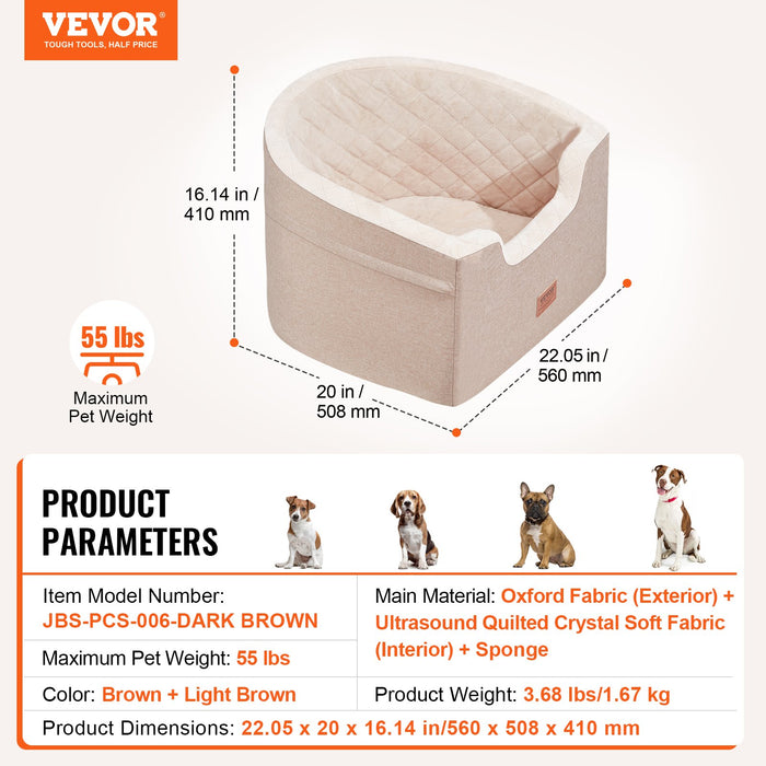 VEVOR Dog Car Seat, Waterproof Dog Booster Seat for Car with A Storage Pocket, Clip-On Safety Leash and Sponge Filling, Dog Car Bed for Small & Medium Dog up to 24.9 kg, Brown