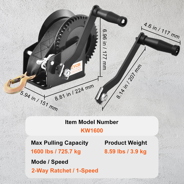 VEVOR Hand Winch, 725.7 kg Pulling Capacity, Boat Trailer Winch Heavy Duty Rope Crank with 10 m Polyester Strap and Two-Way Ratchet, Manual Operated Hand Crank Winch for Trailer, Boat or ATV Towing