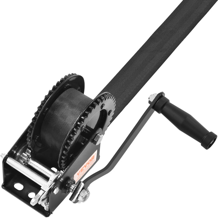 VEVOR Hand Winch, 907.1 kg Pulling Capacity, Boat Trailer Winch Heavy Duty Rope Crank with 7 m Polyester Strap and Two-Way Ratchet, Manual Operated Hand Crank Winch for Trailer, Boat or ATV Towing