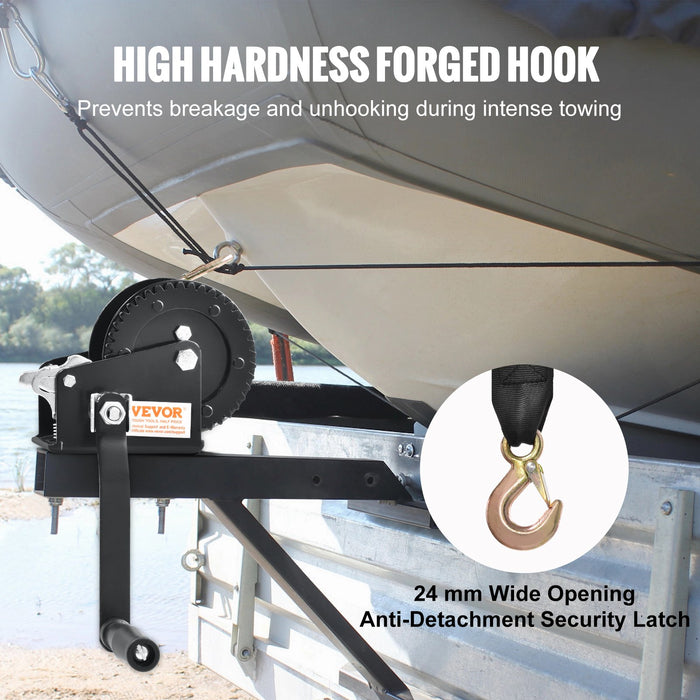 VEVOR Hand Winch, 907.1 kg Pulling Capacity, Boat Trailer Winch Heavy Duty Rope Crank with 7 m Polyester Strap and Two-Way Ratchet, Manual Operated Hand Crank Winch for Trailer, Boat or ATV Towing