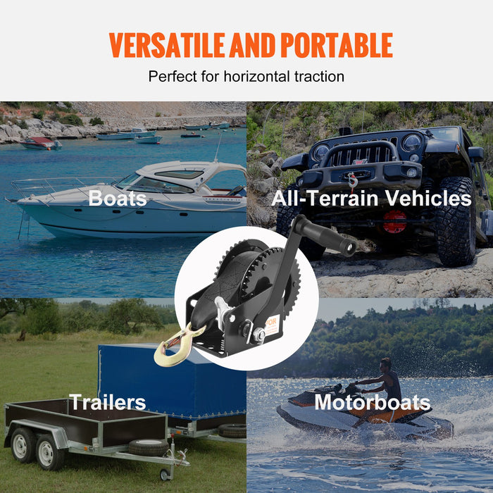 VEVOR Hand Winch, 907.1 kg Pulling Capacity, Boat Trailer Winch Heavy Duty Rope Crank with 7 m Polyester Strap and Two-Way Ratchet, Manual Operated Hand Crank Winch for Trailer, Boat or ATV Towing
