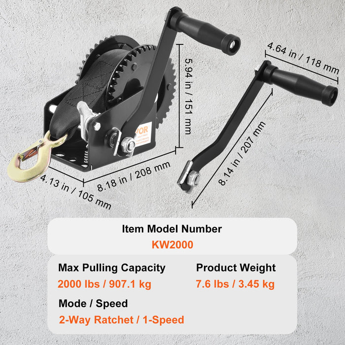 VEVOR Hand Winch, 907.1 kg Pulling Capacity, Boat Trailer Winch Heavy Duty Rope Crank with 7 m Polyester Strap and Two-Way Ratchet, Manual Operated Hand Crank Winch for Trailer, Boat or ATV Towing