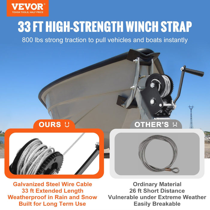 Hand Winch, 362.8 kg Pulling Capacity, Boat Trailer Winch Heavy Duty Rope Crank with 10 m Steel Wire Cable and Two-Way Ratchet, Manual Operated Hand Crank Winch for Trailer, Boat or ATV Towing