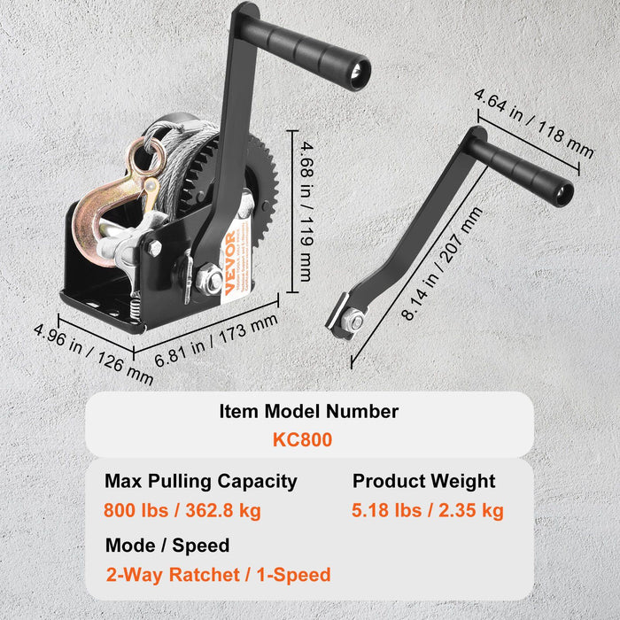 Hand Winch, 362.8 kg Pulling Capacity, Boat Trailer Winch Heavy Duty Rope Crank with 10 m Steel Wire Cable and Two-Way Ratchet, Manual Operated Hand Crank Winch for Trailer, Boat or ATV Towing