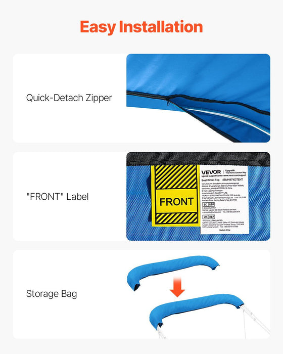 4 Bow Bimini Top Replacement Cover, 2440 mm Long, Durable 600D Marine Grade Waterproof Sun Shade Boat Canopy with Storage Boot, Easy Install Zipper Sleeve Awning, 2464-2616 mm W, Blue (No Frame)