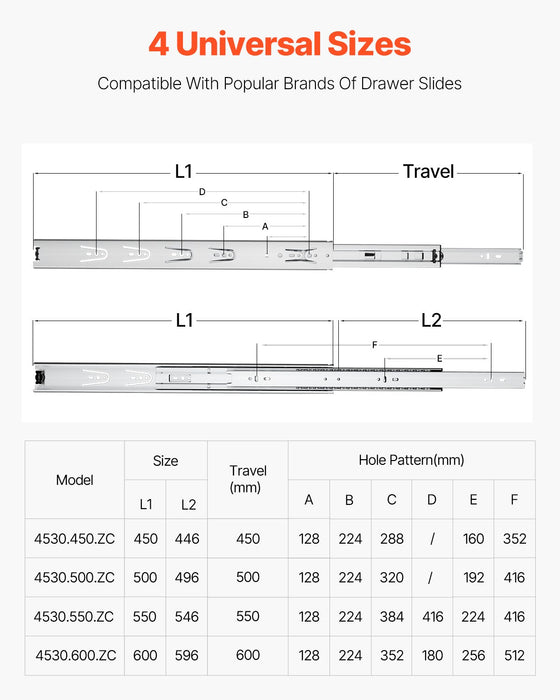 VEVOR Drawer Slides, 18 inch, 10 Pairs Full Extension Ball Bearing Cabinet Rails, 100 LB Load Capacity Heavy Duty Side Mount Dresser Drawer Slides, Drawer Track Runners for Kitchen DIY Replacement