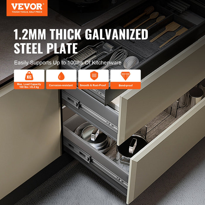 VEVOR 6 Pairs of 457.2mm Drawer Slides Side Mount Rails, Heavy Duty Full Extension Steel Track, Soft-Close Noiseless Guide Glides Cabinet Kitchen Runners with Ball Bearing, 100 Lbs Load Capacity