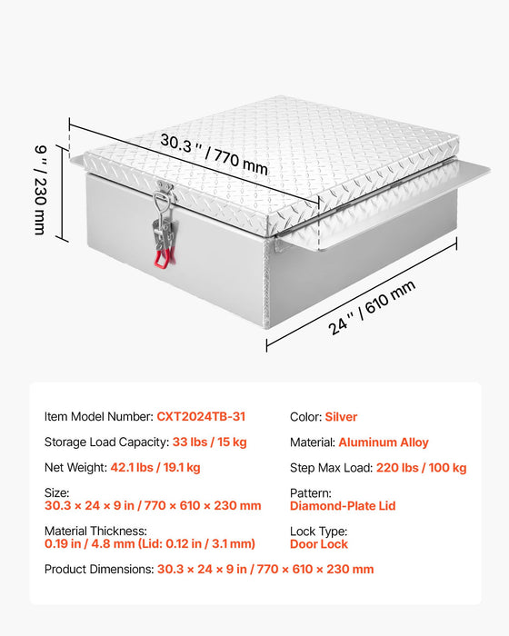 VEVOR Truck Bed Tool Box, Heavy Duty Aluminum Tool Box with Diamond Plate, Storage Toolbox Chest Organizer Supports up to 100 kg, Ideal for Pickup, Truck Bed, RV, Trailer, 770 x 610 x 230 mm, Silver