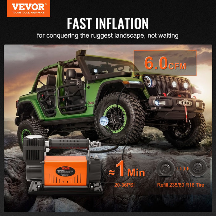 VEVOR 12V Air Compressor Heavy Duty 150PSI Offroad Air Compressor Portable Truck Tire Inflator 6.0CFM Air Pump for Jeep SUV 4x4 Vehicle RV For up to 35 Inch Tires
