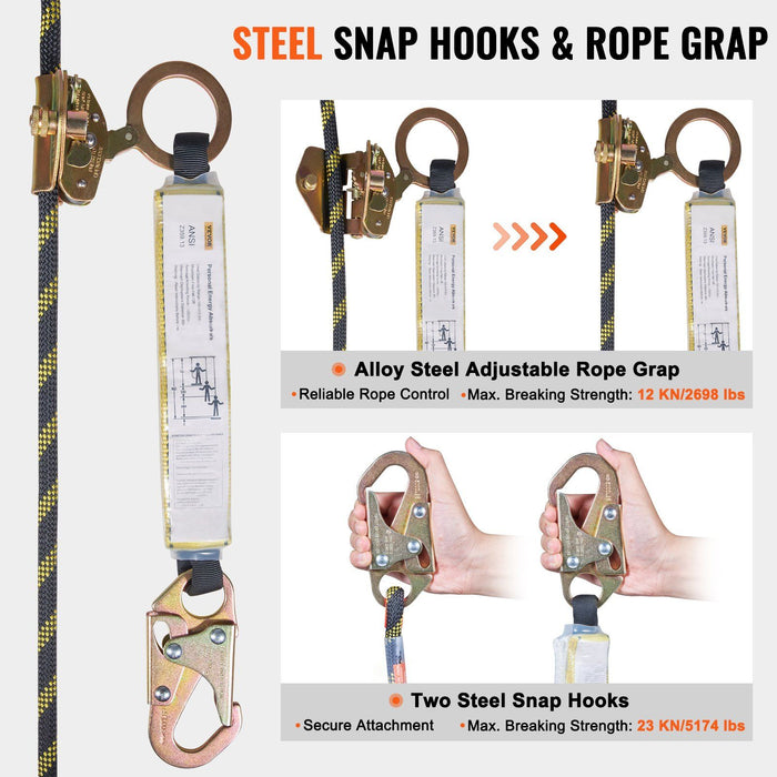 Vertical Lifeline Assembly 0.55'' x 100' Fall Protection Rope 30 KN ANSI